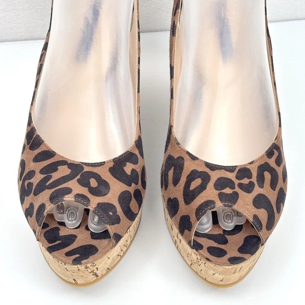 Stuart Weitzman Jean Leopard Cork Slingback Peep Toe Wedge Platform Sandals 8.5M